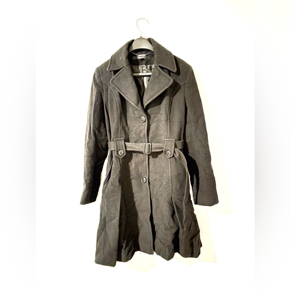 Women’s long belted double-lined black wool coat with buckle